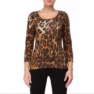 Escada Leopard Fantasy Knit Scoop Neck 3/4 Sleeves Sweater Size Medium